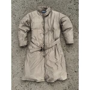Lands End Goose Down Parka Mens Small Beige Belted Full Length 80s Vintage Coat